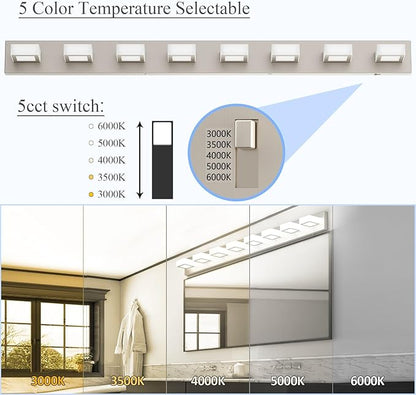 Ralbay 52inch Brushed Nickel Vanity Lights 8 Lights Dimmable 5 Color Temperature Acrylic Modern LED Bathroom Vanity Lighting Fixtures Brushed Nickel