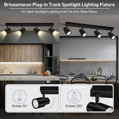 Plug in Track Lighting, 23" LED Track Lighting Fixtures Ceiling, Black 4 Way Spotlight, Rotatable Track Head, Plug in Ceiling Light with Power Cord, Plug Wall Light for Kitchen Hallway(GU10, NO Bulb)