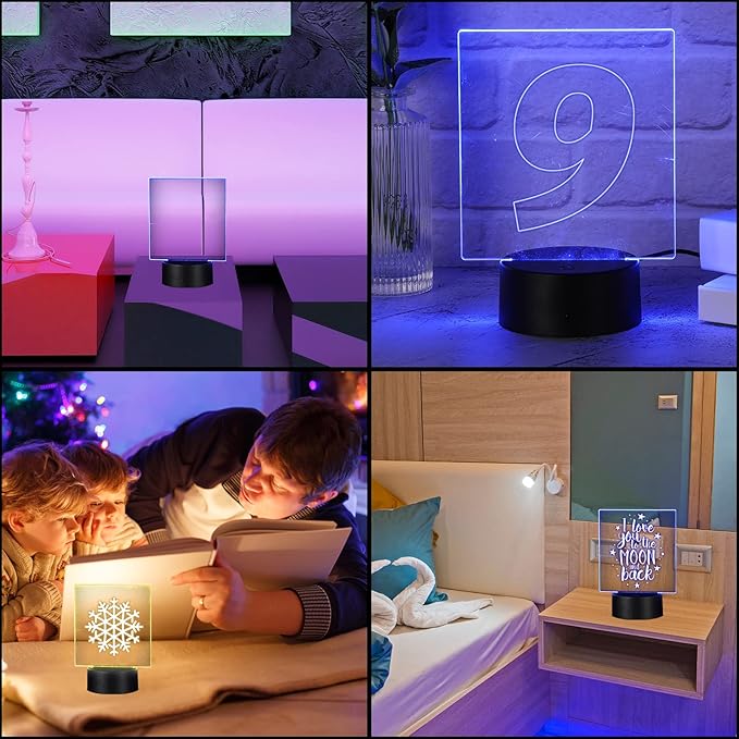 Riakrum 48 Pcs/12 Sets Acrylic Night Lights Clear Acrylic Sheets and 3D Night LED Light Lamp Base with Remote Control USB Cable, DIY LED Lamp Set for Restaurant Bar Cafe Room Decor(Rectangular)