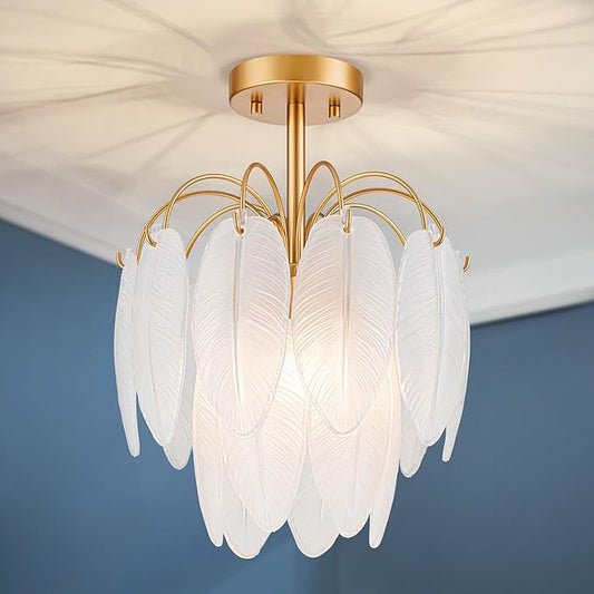 LumFurn D12 inch Glass Ceiling Light, 3-Light Modern Semi-Flushmount Close to Ceiling Light Fixture for Dining Room, Hallway & Bedroom, D12 x H16 in, Frosted Feather Glass Shade & Gold Finish Frame