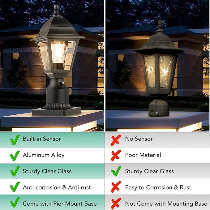FOLKSMATE Dusk to Dawn Outdoor Post Lights, 2-Pack Large Waterproof Outside Post Lamps with Pier Mount, Exterior Pole Lantern with Clear Glass, Matte Black Light Fixture for Patio, Garden, Walkway