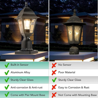 FOLKSMATE Dusk to Dawn Outdoor Post Lights, 2-Pack Large Waterproof Outside Post Lamps with Pier Mount, Exterior Pole Lantern with Clear Glass, Matte Black Light Fixture for Patio, Garden, Walkway