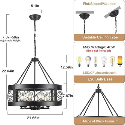 Black Chandelier 6-Light Adjustable Farmhouse Chandelier Dining Room Light Fixture Kitchen Island Lighting Drum Rustic Hanging Lights for Entryway Foyer Bedroom Living Room