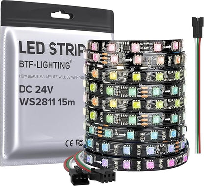 BTF-LIGHTING WS2811 DC24V 48FT Addressable RGB LED Strip 900LEDs 150Pixels Dream Color Black PCB IP30 Non-Waterproof Works with Arduino/Respberry/etc Prevent Voltage Droping(No Adapter or Controller)
