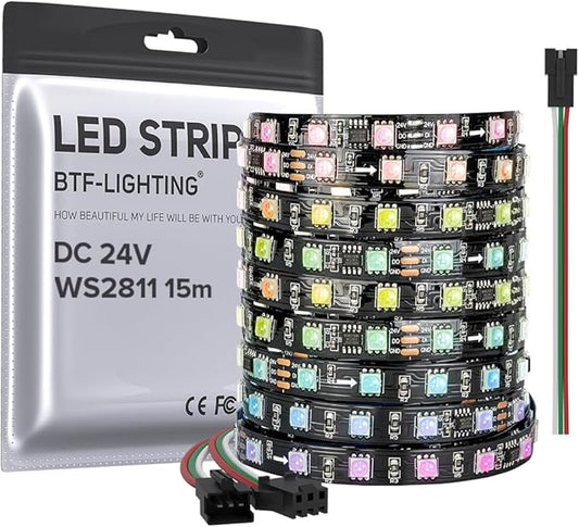 BTF-LIGHTING WS2811 DC24V 48FT Addressable RGB LED Strip 900LEDs 150Pixels Dream Color Black PCB IP30 Non-Waterproof Works with Arduino/Respberry/etc Prevent Voltage Droping(No Adapter or Controller)