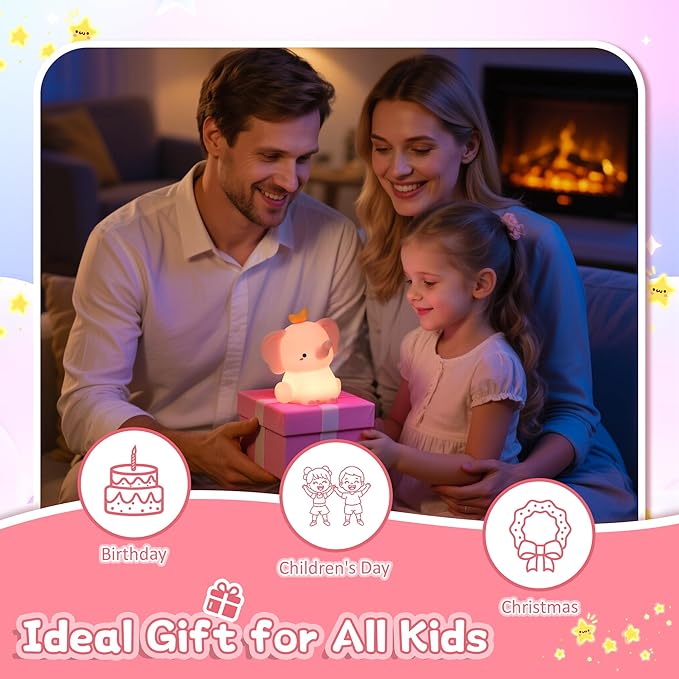 Attivolife Elephant Night Light for Kids, Cute Elephant Nursery Silicone Lamp, Rechargeable Animal Themed Room Bedside Decor Nightlight with Dimmable Timer, Gifts for Toddler Girl Teen Birthday Xmas