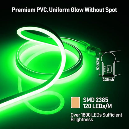 LEONLITE 50FT LED Neon Rope Lights, Outdoor IP67 Waterproof, Christmas Festival Decor, 120V UL Plug, ETL Connectable LED Neon Strip Lights for Shop Sign, Max 3 Sets(150FT), Green Light