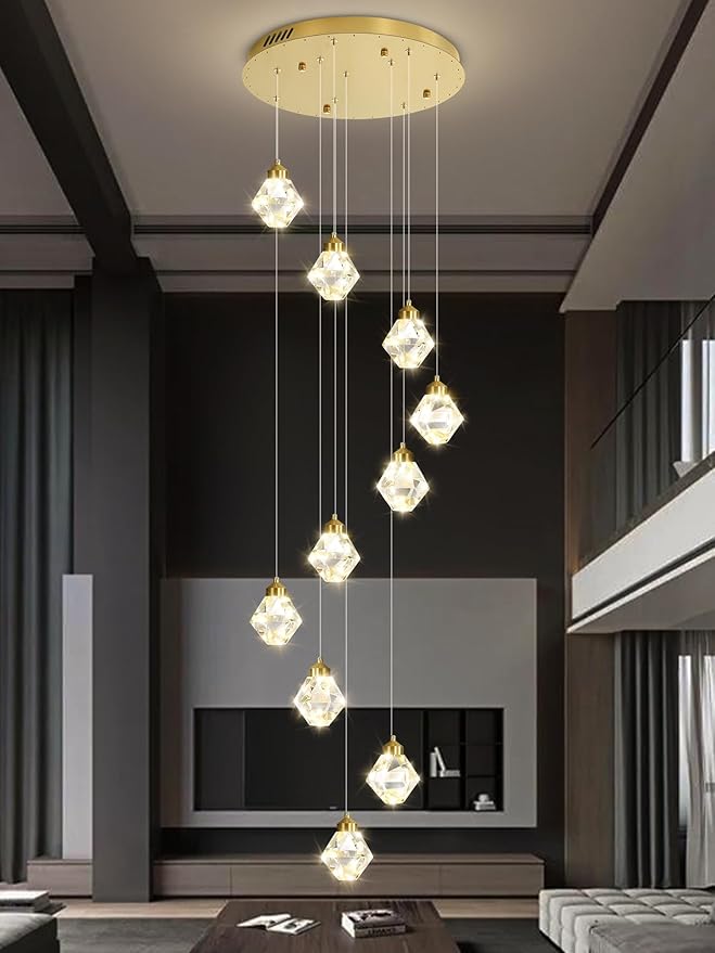 10-Light Modern Chandelier for Entrance Crystal Chandeliers for Living Room Gold Pendant Light Fixture Staircase Chandeliers for High Ceilings Dimmable LED Hanging Light with Remote