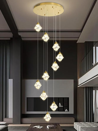 10-Light Modern Chandelier for Entrance Crystal Chandeliers for Living Room Gold Pendant Light Fixture Staircase Chandeliers for High Ceilings Dimmable LED Hanging Light with Remote