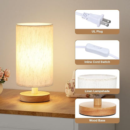 Fenmzee Small Lamps Set of 2 - Inline Control, Bedside Table Lamp for Bedroom with 3000K A15 LED Blub, Easy Assembly (Cream Shade - Wood Base Set of 2, 9" Inline Control)