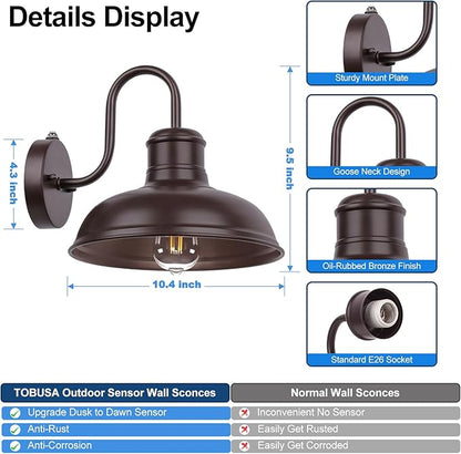 2-Pack Dusk to Dawn Outdoor Wall Sconces, Farmhouse Outside Lighting Gooseneck Barn Lights, Oil Rubbed Bronze Exterior Wall Lights, Anti-Rust Waterproof Outdoor Light for House Porch Garage Entryway