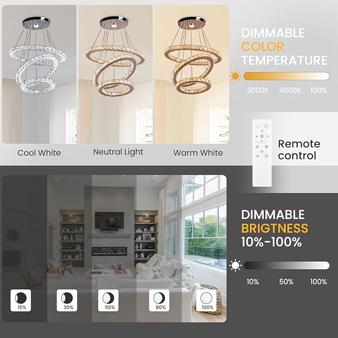 CLAIRDAI Modern Crystal Chandelier, Adjustable 3 Ring LED Ceiling Light Fixture, Dimmable K9 Crystal Chandelier for Dining Room, Bedroom, Living Room, Hallway