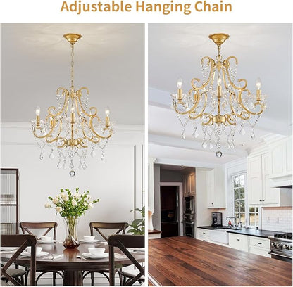 Crystal Chandelier, Golden Crystal Lighting,5-Light Modern Chandelier for Living Room Kitchen Island Entryway Bedroom