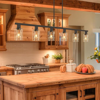 Dining Room Light Fixture Over Table, Black 6-Light Kitchen Island Lighting with Glass Shade & Adjustable Rods, Farmhouse Linear Chandelier Pendant Light for Kitchen Living Room Breakfast Corner