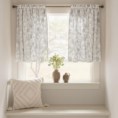 jinchan Floral Kitchen Curtains for Windows 36 Inch Gray Linen Tier Farmhouse Cafe Curtains Country Botanic Small Window Rod Pocket Rustic Flax for Laundry Bathroom RV 2 Panels Grey on Beige