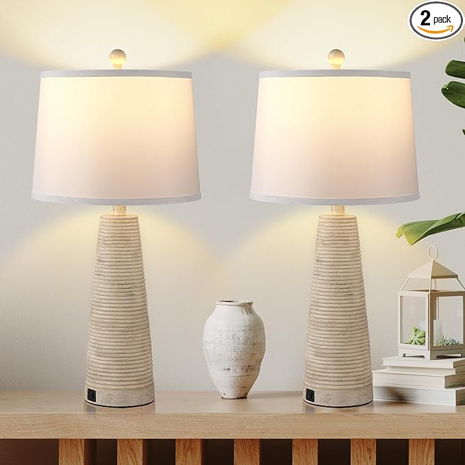 Terpsichore Nightstand Lamp Bedside Lamps Set of 2 Vintage Rustic Farmhouse Table Lamp 3 Way Dimmable Horizontal Stripe Light,for Living Room Bedroom,USB A+C (Pale Yellow, Hing 27 in)