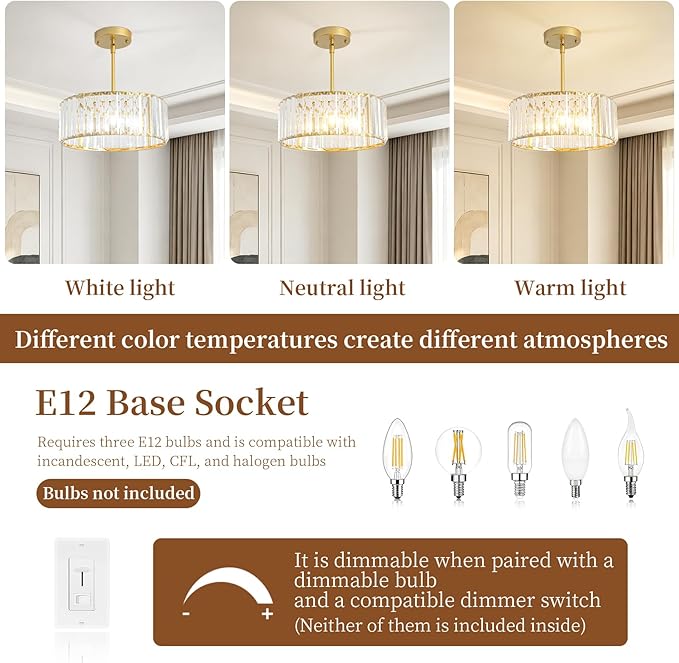 Small Gold Crystal Chandelier,Modern Dining Room Light Fixture Over Table,3-Ligh Round Kitchen Hallway Lighting Fixture, Semi Flush Mount Ceiling Pendant Light for Entryway Foyer, 12''