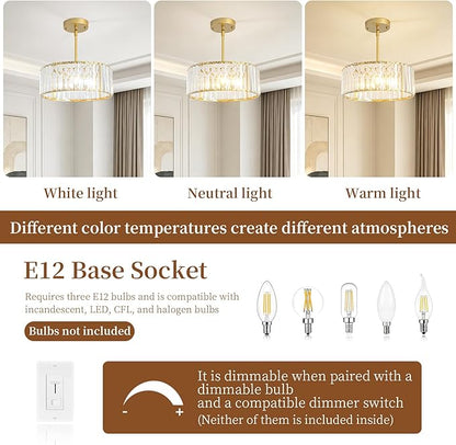 Small Gold Crystal Chandelier,Modern Dining Room Light Fixture Over Table,3-Ligh Round Kitchen Hallway Lighting Fixture, Semi Flush Mount Ceiling Pendant Light for Entryway Foyer, 12''