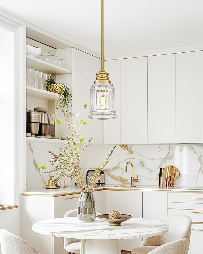HWH Modern Hanging Pendant Lights, Brushed Gold Pendant Light with Bell-Shaped Fluted Clear Glass, Hanging Light Fixture Adjustable for Kitchen, 5HZG106MIL-L BG