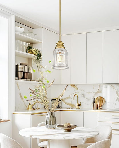 Brushed Gold Pendant Lights Kitchen Island 2 Pack, HWH 6 Inch Hanging Lights Fixtures with Bell-Shaped Fluted Clear Glass, Modern Kitchen Island Lighting, 5HZG106MIL-2L BG