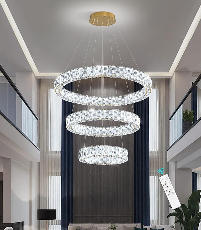 Rings LED Chandelier Modern Crystal Chandeliers Dimmable Pendant Light Fixture with Remote for Dining Room Living Room Gold