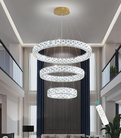 Rings LED Chandelier Modern Crystal Chandeliers Dimmable Pendant Light Fixture with Remote for Dining Room Living Room Gold
