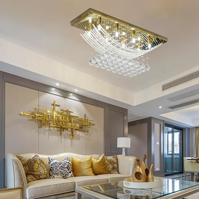 Modern Chandelier Crystal Chandelier Flush Mount Chandelier Gold Rectangle Crystal Raindrop Chandelier 8 Lights Ceiling Light Fixture Pendant Lamp for Kitchen Island Dining Room Closet Wedding Decor