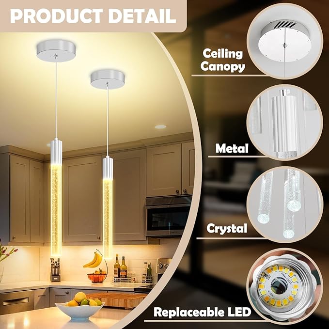 Small Chrome 1 Light Modern Crystal Pendant Light - Adjustabled 60in Long Crystal Chandelier LED Dimmable Pendant Light for Bedside Island Kitchen Living Room