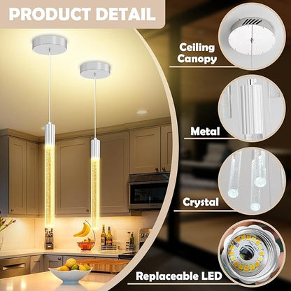 Small Chrome 1 Light Modern Crystal Pendant Light - Adjustabled 60in Long Crystal Chandelier LED Dimmable Pendant Light for Bedside Island Kitchen Living Room