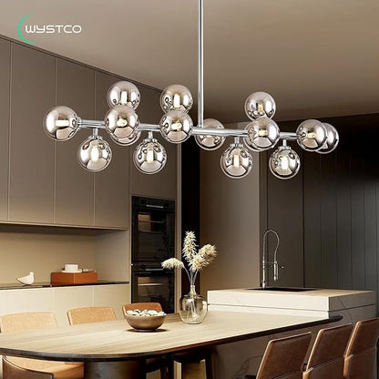 16-Light Globe Sputnik Chandelier, Mid Century Modern Light Fixture Over Table, Chrome Silver Linear Chandeliers for Dining Room and Kitchen Island (Smoke Grey Glass Bubble Shades, 40 Inch)