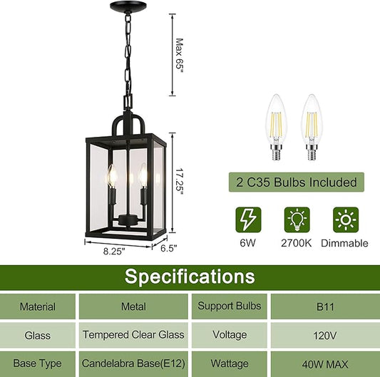 Large Outdoor Indoor Pendant Light 2-Light, Modern Black Metal Outside Chandelier Exterior Hanging Fixture Ceiling Mount with Clear Glass Shade for Front Porch Entrance Foyer Entryway (Bulb Included)