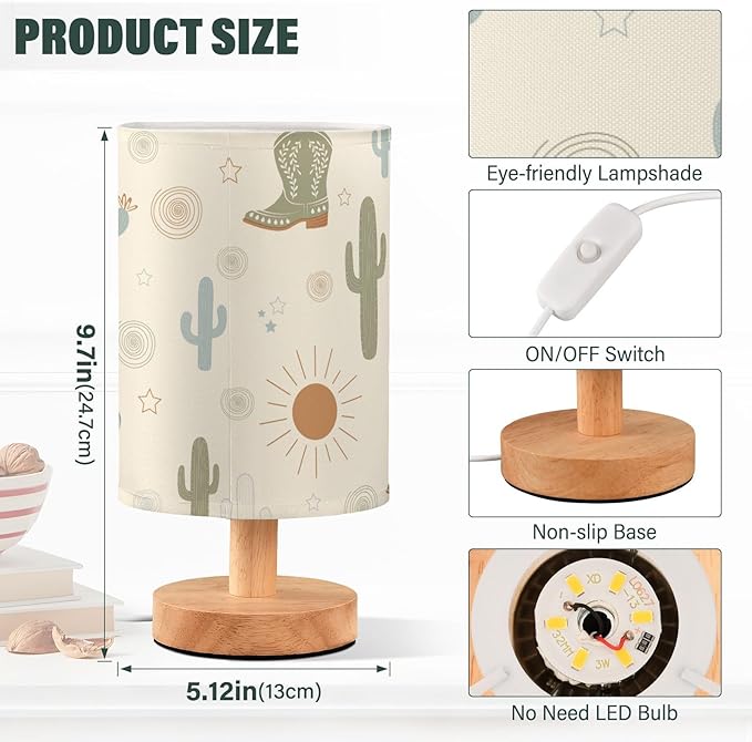Bedside Table Lamp Western Cowboy Boots Cactus Nightstand Lamp with Wood Desk Lamps for Bedroom Living Room Nursery Office Home Decor