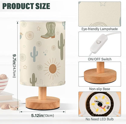 Bedside Table Lamp Western Cowboy Boots Cactus Nightstand Lamp with Wood Desk Lamps for Bedroom Living Room Nursery Office Home Decor