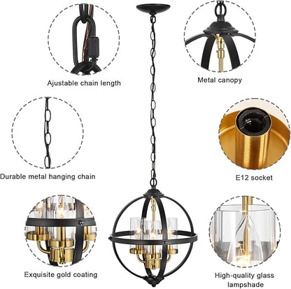 Treekee Rustic Chandelier, 14" Farmhouse Globe Orb Pendant Light, Vintage Black and Gold 3-Light E12 Adjustable Ceiling Hanging Fixture for Kitchen, Dining Room, Living Room, Bedroom, Entryway, Foyer