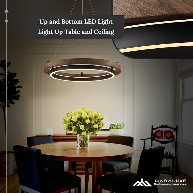 LED 2 Ring Chandelier Dimmable Up Down Light Black Chandelier Round Foyer Chandeliers Light Walnut Wood Black Circular Chandeliers for Dining Room Entry Bedroom Office Living Room