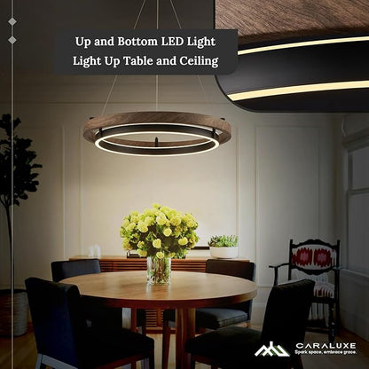 LED 2 Ring Chandelier Dimmable Up Down Light Black Chandelier Round Foyer Chandeliers Light Walnut Wood Black Circular Chandeliers for Dining Room Entry Bedroom Office Living Room