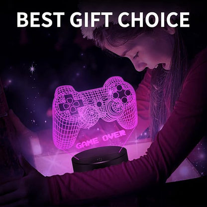 BASSI 3D Gamepad Night Light Game Over Light Game Controller Console Illusion Lamp for Kids Gamer Room Decor, 16 Color Changing with Remote Timer, Christmas Birthday Gifts for Boys Girls