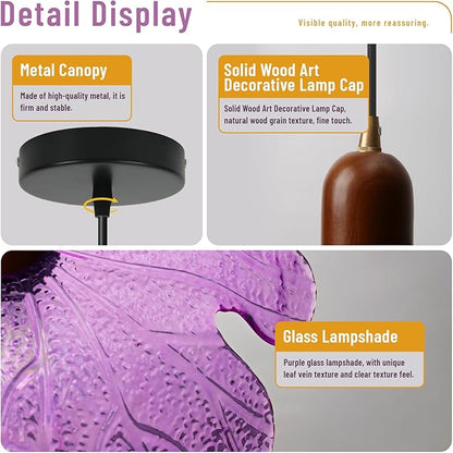 Floral Purple Glass Pendant Light, Mid-Century Modern Wood & Glass Hanging Lamp, Adjustable 59" Cord Flower Ceiling Light Fixture for Bedroom Dining Room Kitchen Island