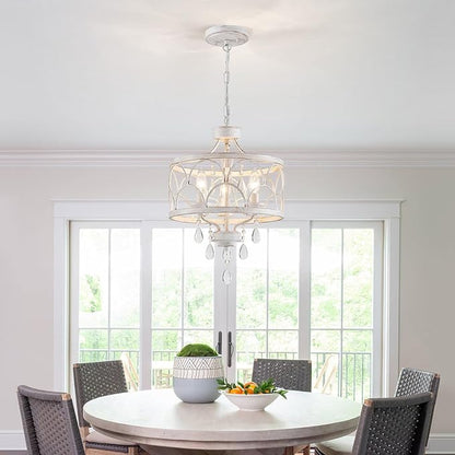 Small Crystal Chandelier, Modern Crystal Chandelier for Dining Room, Rustic Farmhouse White Round Ceiling Pendant Light Fixture for Living Room, Entryway, Hallway, Bedroom, Bathroom