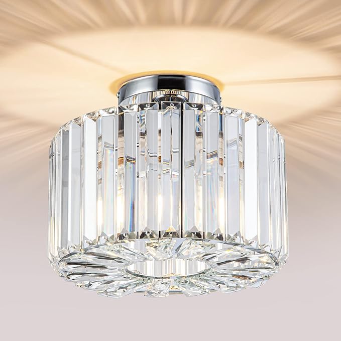 HOPGGIE 10.6" Semi Flush Mount Ceiling Light Mini Small Crystal Chandeliers Modern Hallway Light Fixtures Ceiling Flush Mount Ceiling Light Fixture for Entryway Bedroom Bathroom Living Room
