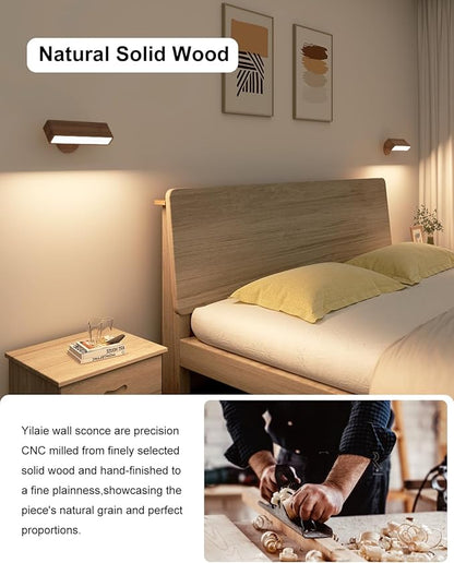 YiLaie Rechargeable Wall Lights for Bedroom,Battery Operated Wall Sconce with Remote Control, Wireless Wall Mount Lamp with 3 Color Temperature for Bedroom,Wood Wall Lights Dimmable,Bedside Reading