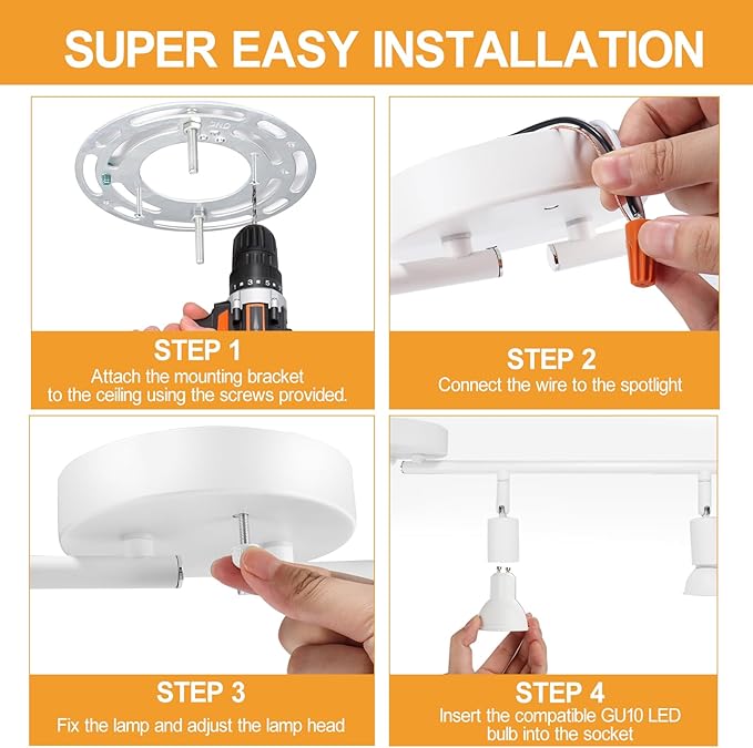 4 Light Track Lighting Fixture, GU10 Rotatable Heads, Matte White, Bulbs Not Included, Perfect for Kitchen, Office, Laundry, Dining Room