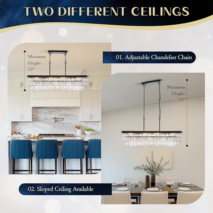 L40” Large Modern Rectangular Chandeliers 12 Lights Luxury K9 Crystal Ceiling Pendant Light Fixture Modern Black Long Chandelier for Kitchen Island Dining Room Living Room Bar
