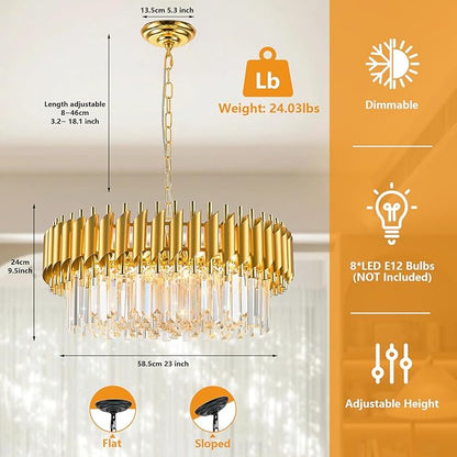 Gold Crystal Chandelier Round Chandeliers – 24" with 5-Tier Sparkling K9 Crystals, Chandeliers for Dining Room Living Room Bedroom Foyer