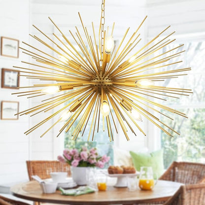 29" Modern Sputnik Chandelier 9-Lights Mid Century Modern Starburst Golden Chandelier Luxury Gold Solid Metal Sputnik Satellite Chandeliers for Dining Room, Kitchen Island, Bedroom