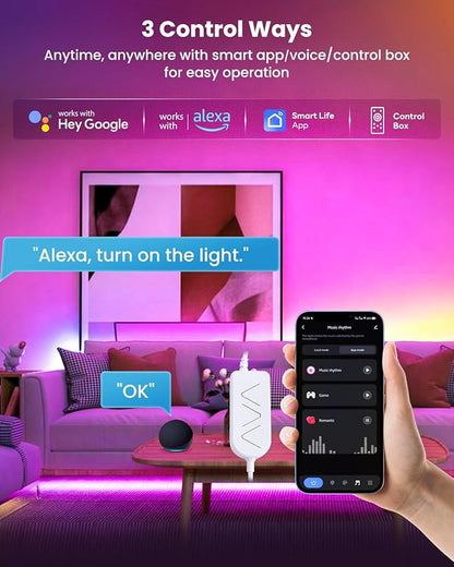 9.84ft RGB+IC LED Lights for 32-43 Inch TV, Backlight Strip Behind TV with Music Sync, Bluetooth APP and Voice Control, 44 Scene Modes, for Ambient Mood Lighting, Monitor Game, Bedroom, Living Room