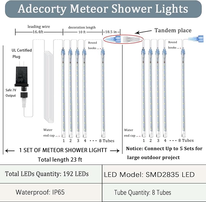 Adecorty Christmas Lights Outdoor, UL Certified Falling Rain Drop Light 8 Tubes 192 LED Meteor Shower Snow Dripping Icicle Lights for Xmas Tree Christmas Decorations Holiday Party, Warm White