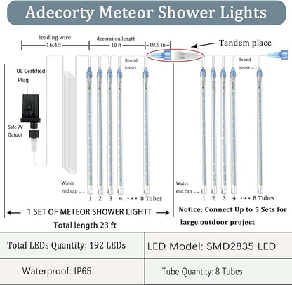 Adecorty Outdoor Christmas Lights Meteor Shower Light UL Certified 8 Tubes 192 LED Snow Falling Rain Drop Light Dripping Icicle String Lights for Christmas Tree Decorations Xmas Wedding Party, Blue