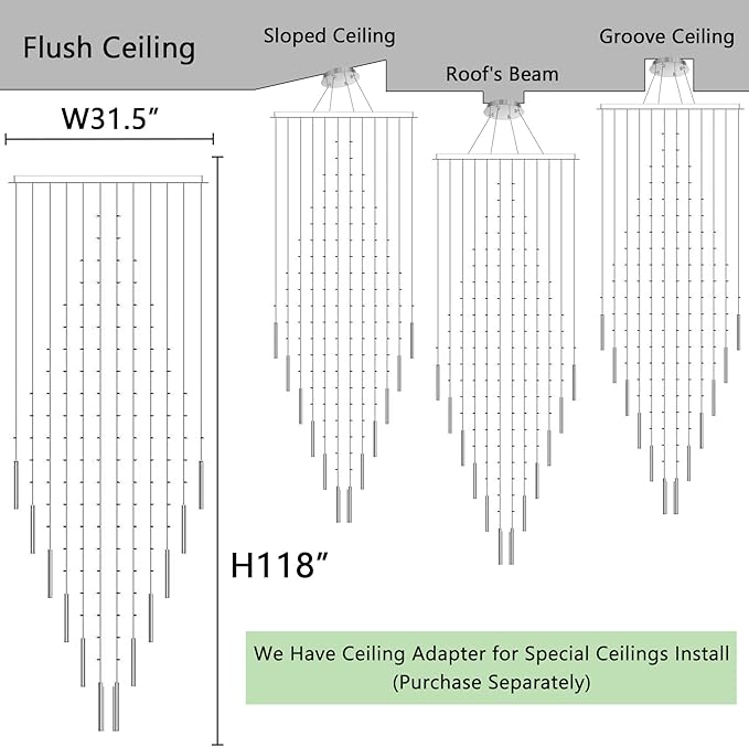 HAIXIANG W32 x H120 Glam Chandelier with LED Bulbs Square Chandeliers, Crystal Raindrop High Ceiling Pendant Light for Entrance Large Villa Chandelier Foyer Lighting Fixtures Silver