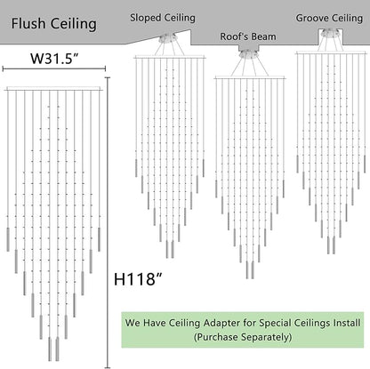 HAIXIANG W32 x H120 Glam Chandelier with LED Bulbs Square Chandeliers, Crystal Raindrop High Ceiling Pendant Light for Entrance Large Villa Chandelier Foyer Lighting Fixtures Silver